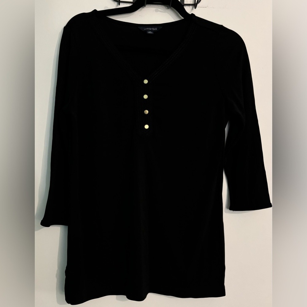 Lands' End Womens Black Matte Jersey 3/4 Sleeve Tunic Sz 6-8 Brassy Buttons‎